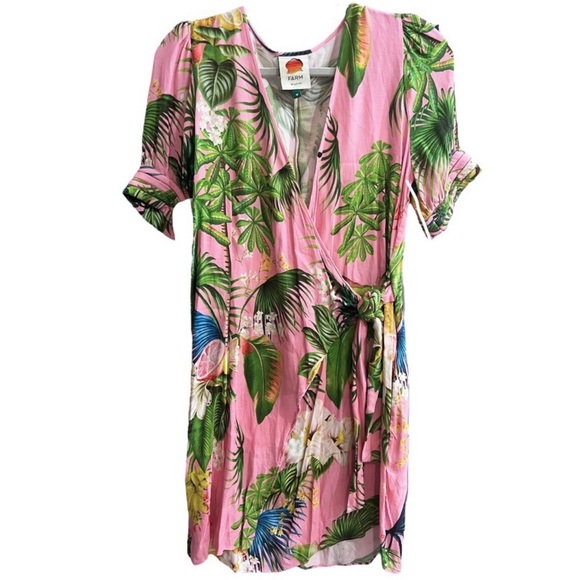 Farm Rio Pink Tropical Floral Wrap Dress Puff Sleeve Tie Waist Size M - Picture 4 of 12